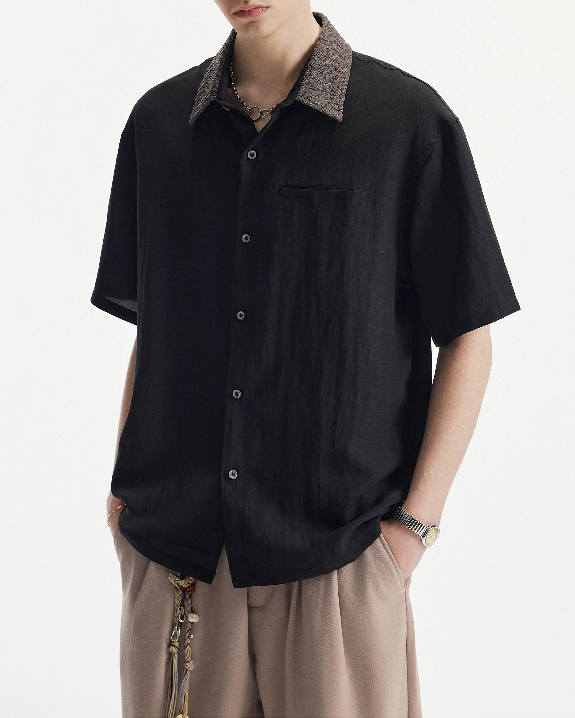 リネンテンセルジャカードラペルシャツ