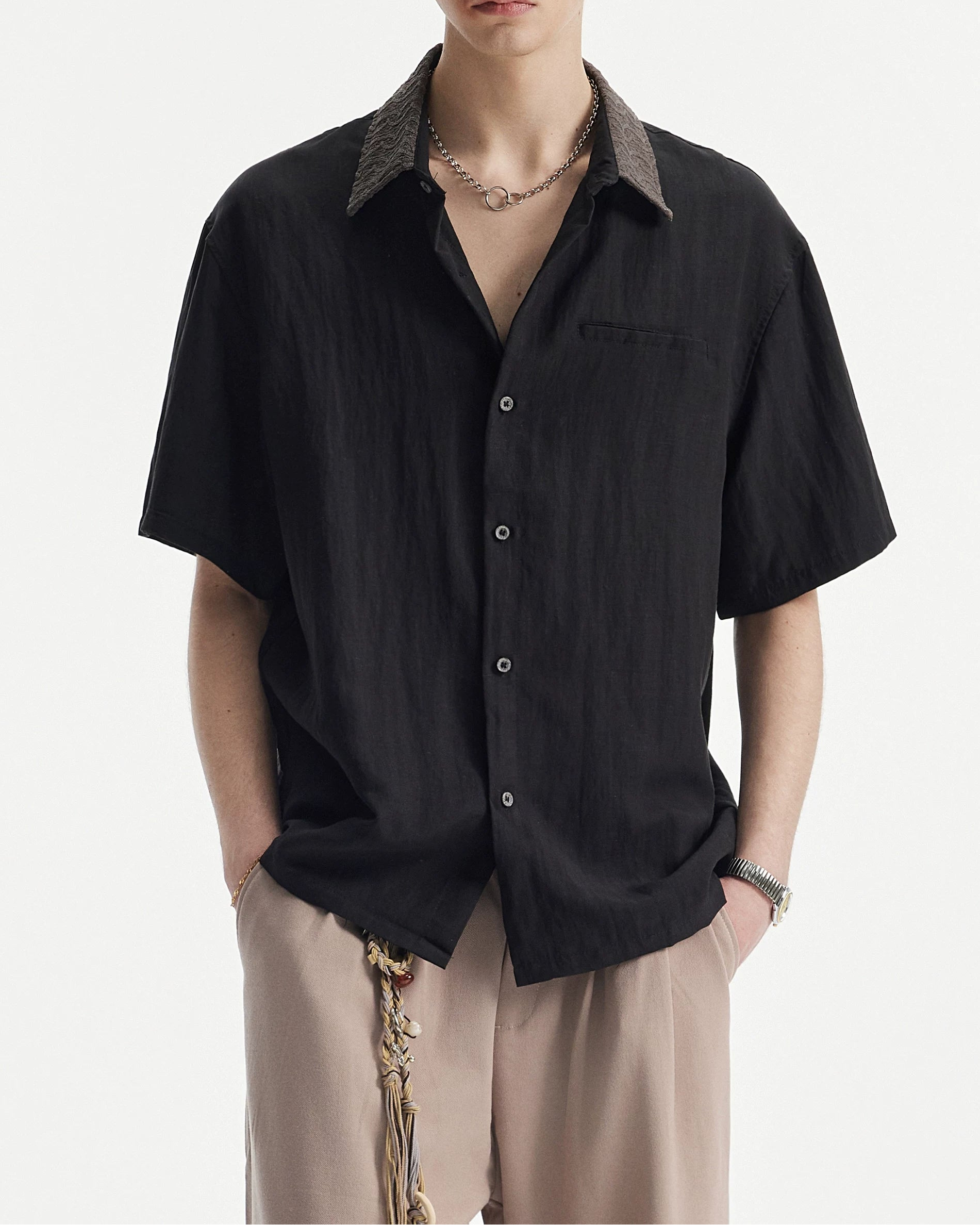 リネンテンセルジャカードラペルシャツ